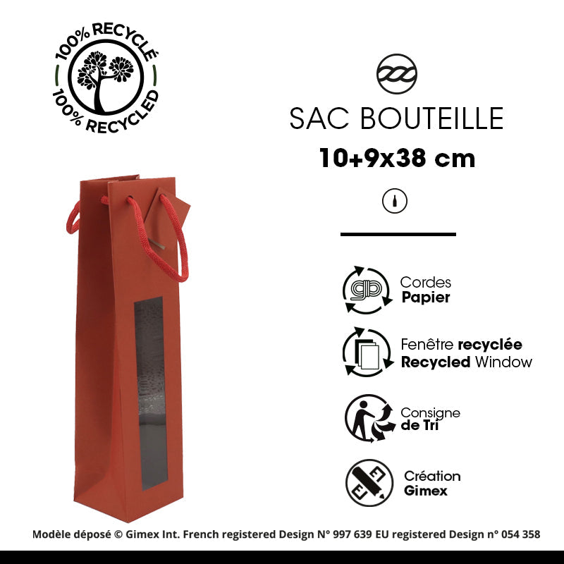 Sac 1 bouteille  |kraft rouge|poignées papier|10+9x38cm|par 200