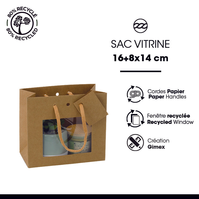 Sac luxe Small Horizontal fenêtre|kraft brun|poignées papier|16+8x14cm|par 240