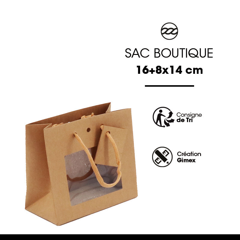 Sac luxe Small Horizontal à fenêtre | kraft brun | poignées papier | 16+8x14cm | par 240