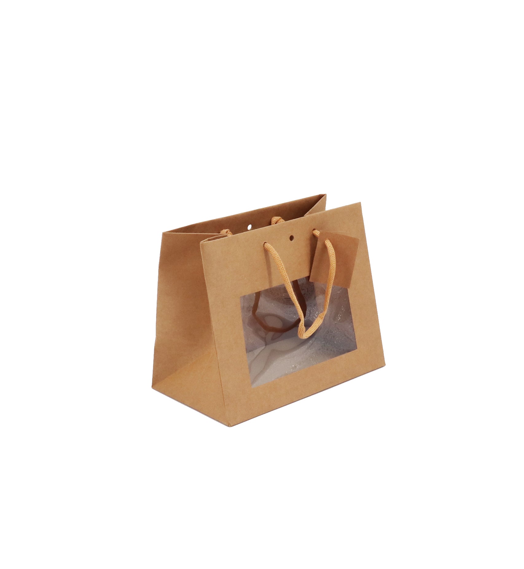 Sac luxe Middle Horizontal à fenêtre | kraft brun | poignées papier | 24+14x19,5cm | par 120