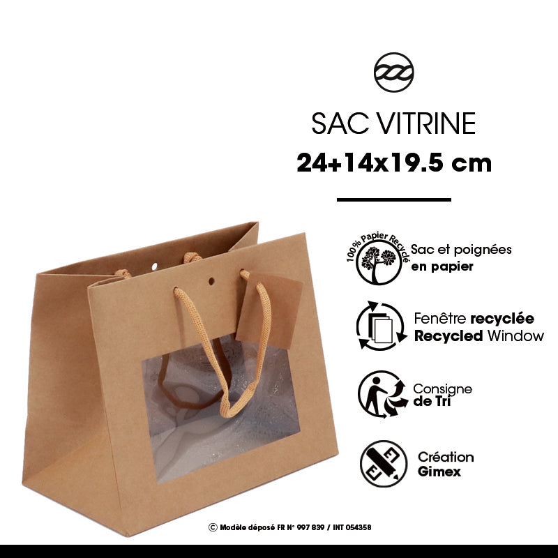 Sac luxe Middle Horizontal à fenêtre | kraft brun | poignées papier | 24+14x19,5cm | par 120