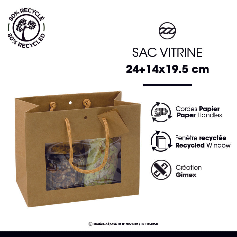 Sac luxe Middle Horizontal à fenêtre | kraft brun | poignées papier | 24+14x19,5cm | par 120