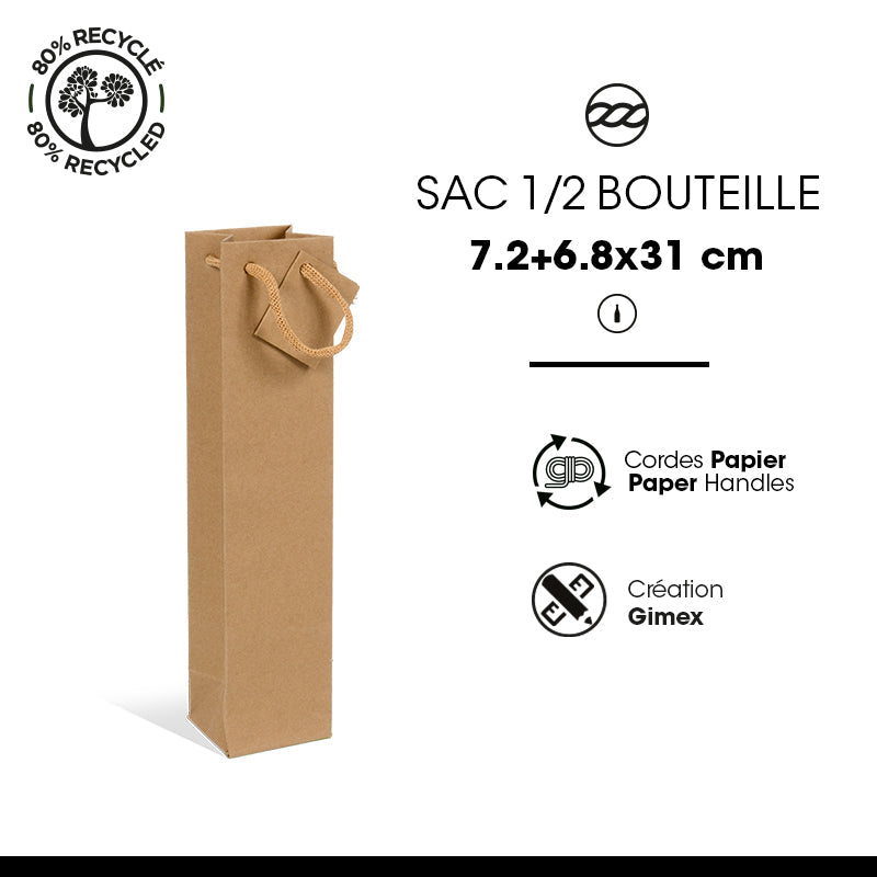 Sac demi- bouteille|kraft brun|poignées papier|7,2+6,8x31cm|par 400