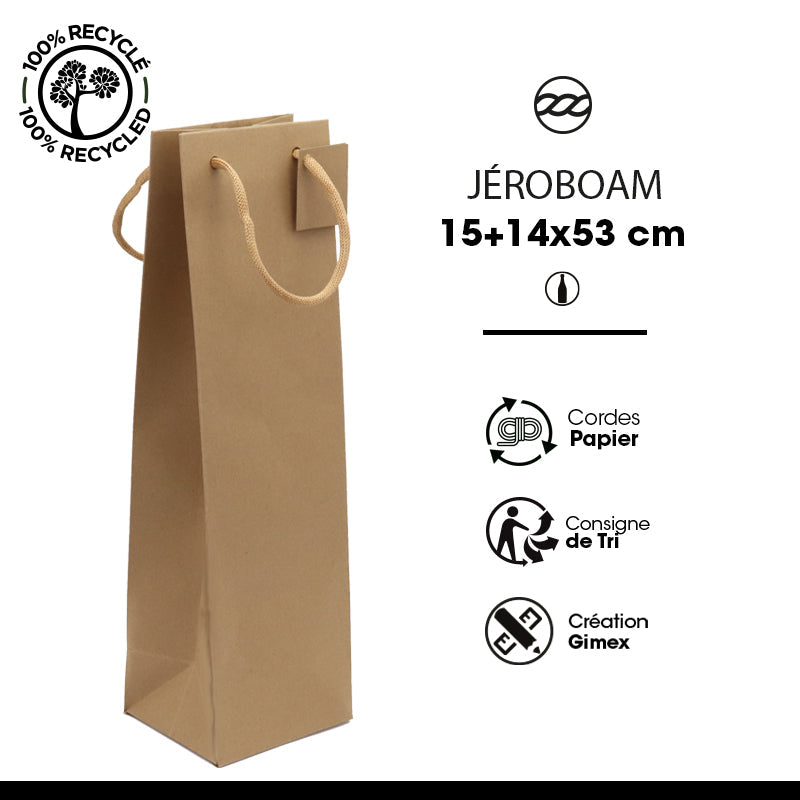Sac 1 bouteille jeroboam |kraft brun|poignées papier|15+14x53cm|par 100