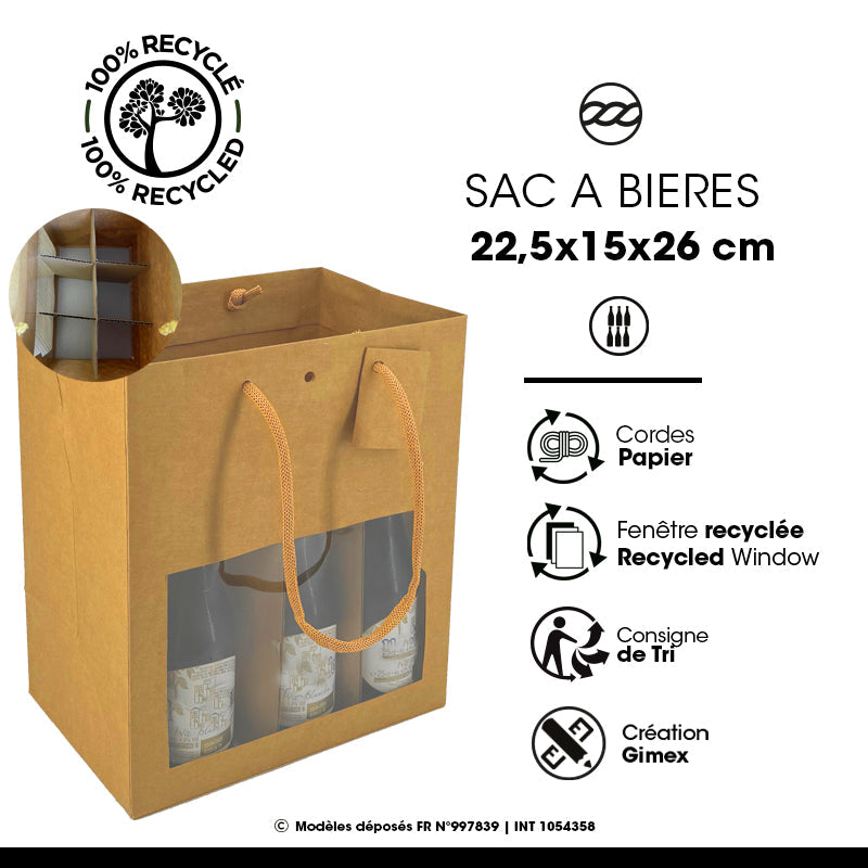 Sac 6 bouteilles à fenêtre | kraft brun | poignées papier | 22,5+15x26cm | par 72
