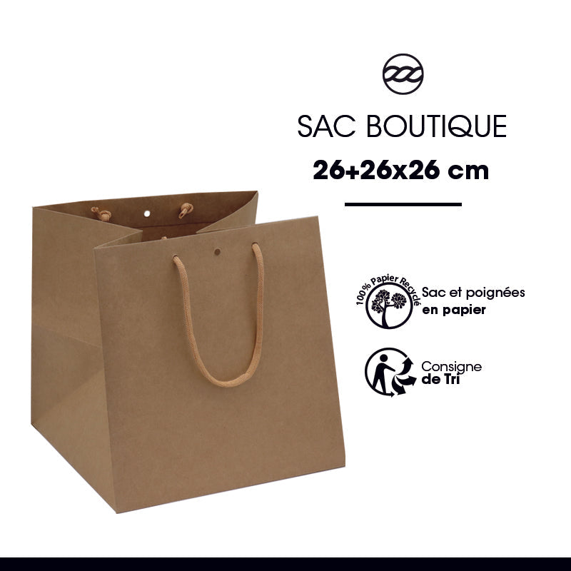 Sac luxe Grand Cube|kraft brun|poignées papier|26+26x26cm|par 120