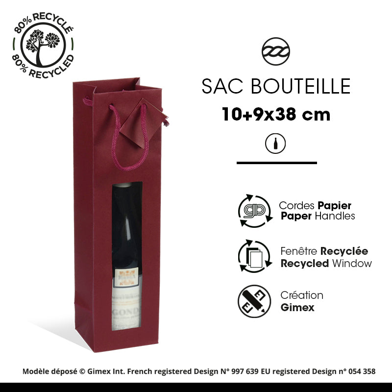 Sac 1 bouteille fenêtre Lie de Vin kraft poignées papier 10+9x38cm par 200