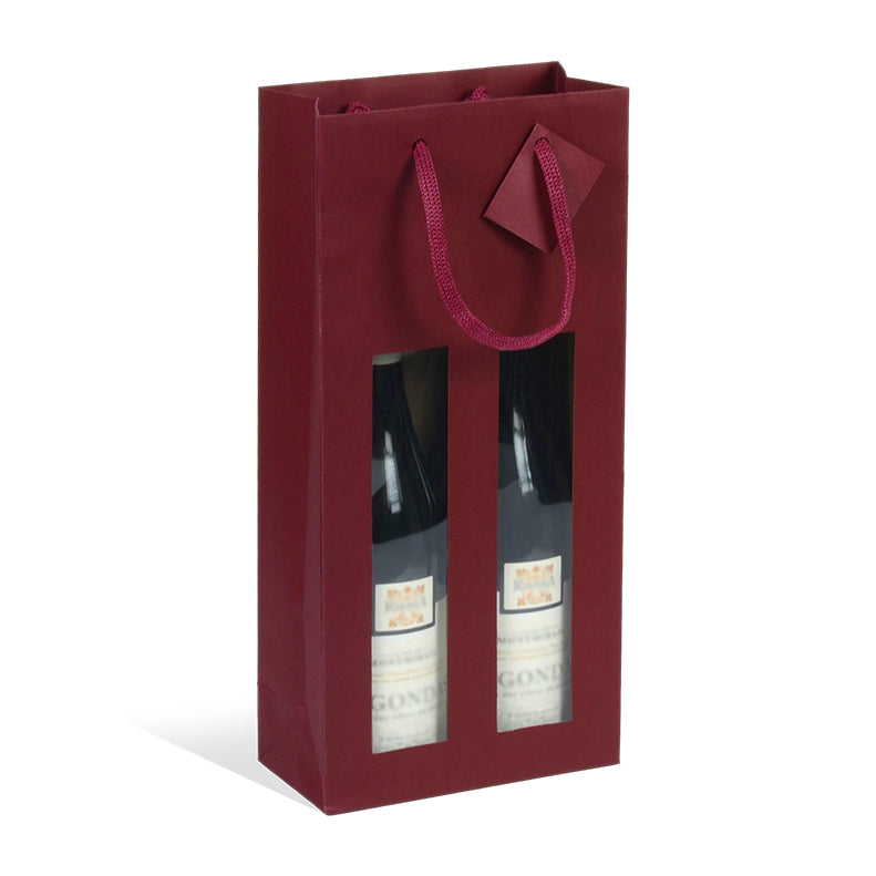 Sac 2 bouteilles fenêtre Lie de Vin kraft poignées papier 18+9x38cm par 100