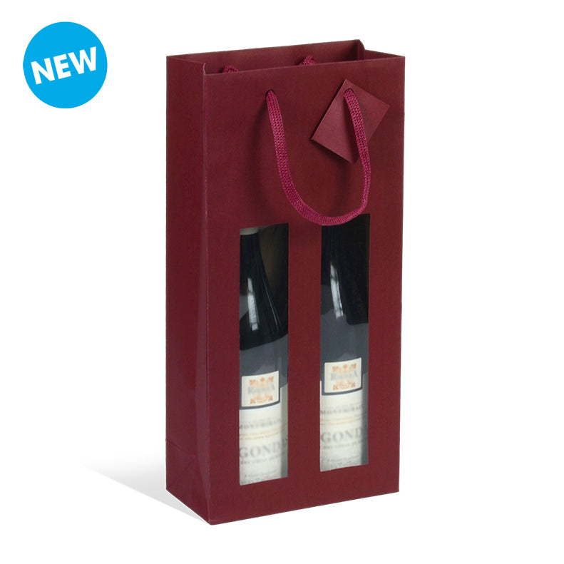 2-bottle wine-red kraft bag with window and paper handles, 18+9x38cm, pack of 100