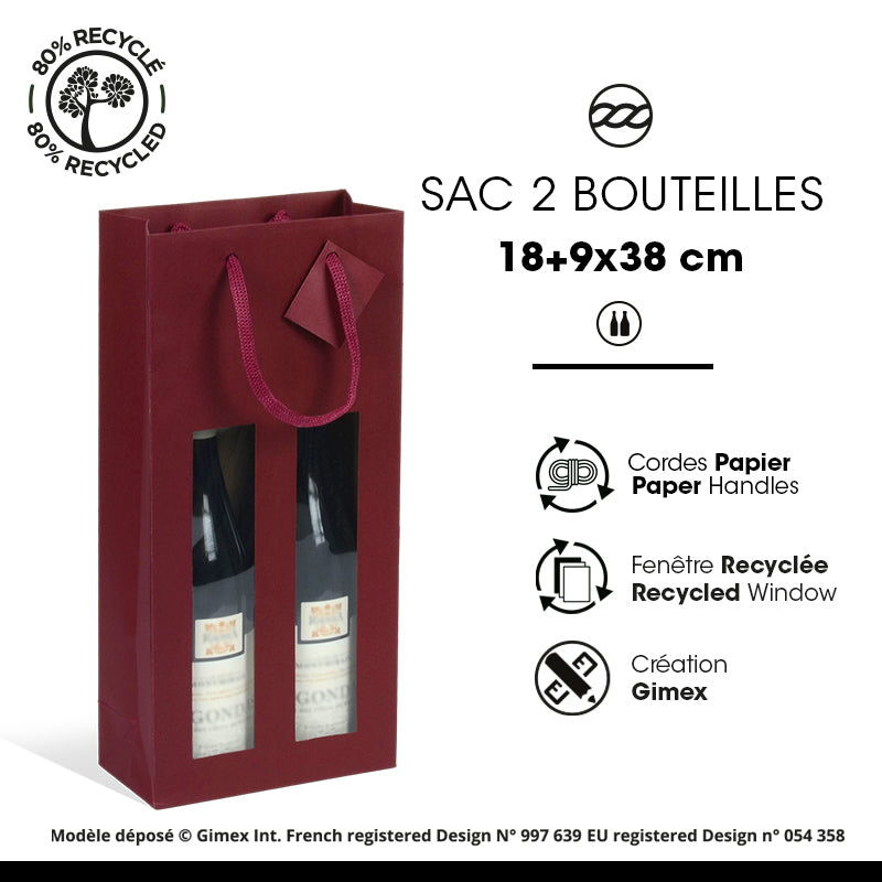 Sac 2 bouteilles fenêtre Lie de Vin kraft poignées papier 18+9x38cm par 100