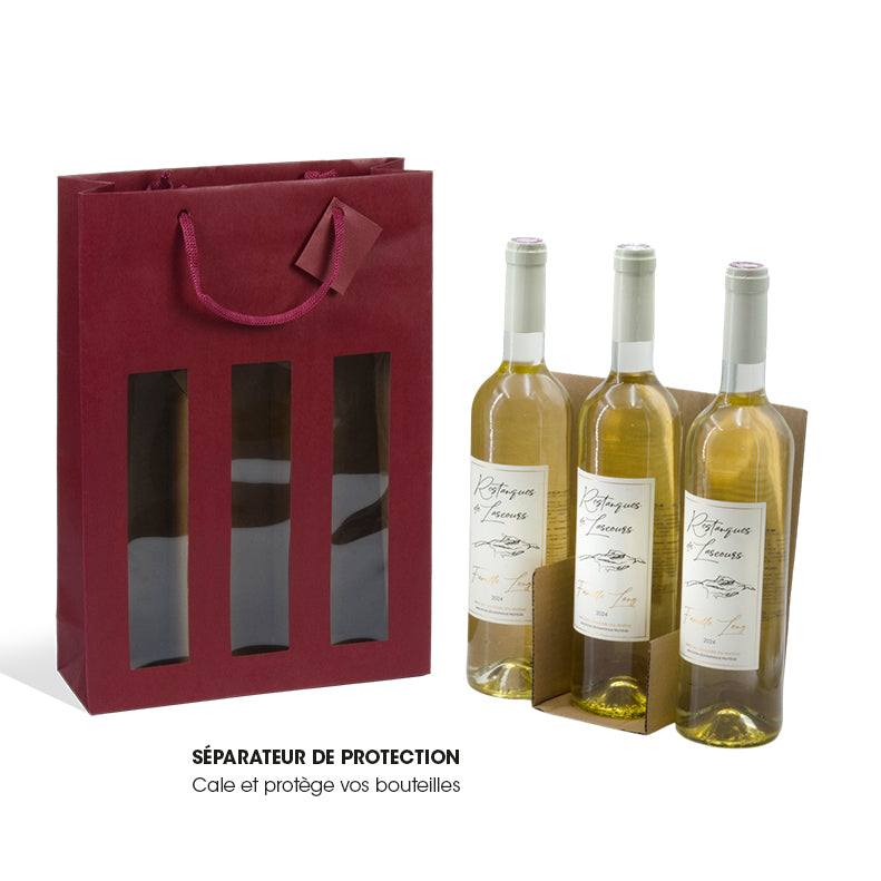 Sac 3 bouteilles fenêtre Lie de Vin kraft poignées papier 27+9x38cm par 100