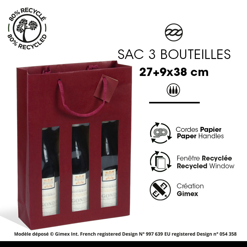 Sac 3 bouteilles fenêtre Lie de Vin kraft poignées papier 27+9x38cm par 100