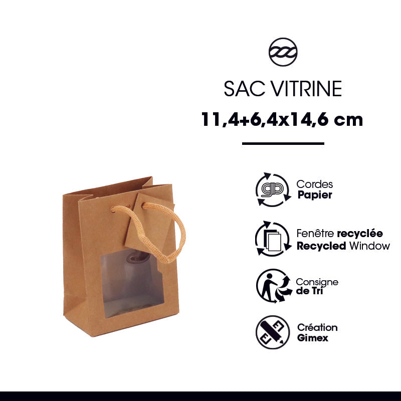 Sac luxe Small à fenêtre | kraft brun | poignées papier | 11,4+6,4x14,6cm | par 300