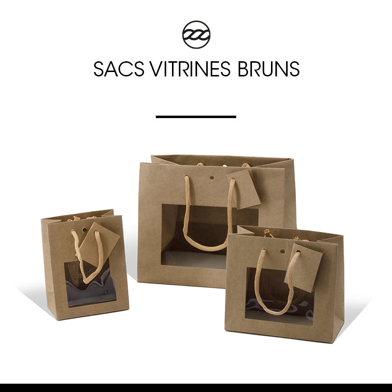 Sac luxe Small à fenêtre|kraft brun|poignées papier| 11,4+6,4x14,6cm | par 300