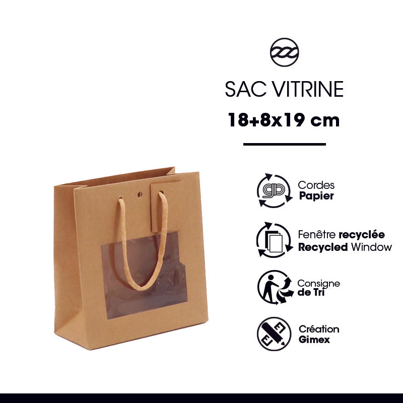 Sac luxe Middle à fenêtre | kraft brun | poignées papier | 18+8x19cm | par 192