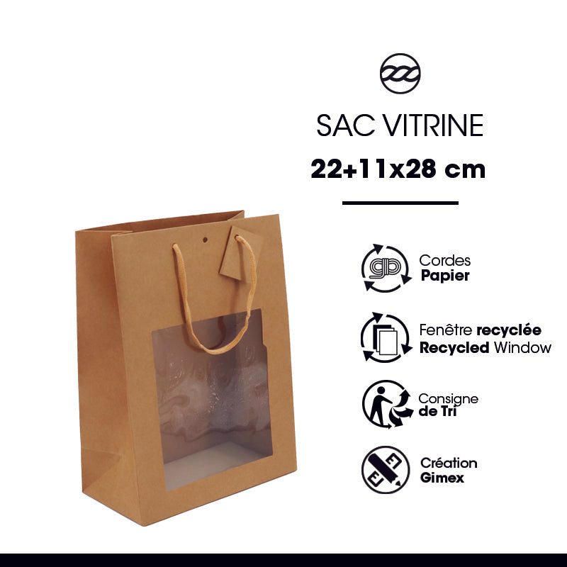 Sac luxe Middle Vertical à fenêtre | kraft brun | poignées papier | 22+11x28cm | par 168
