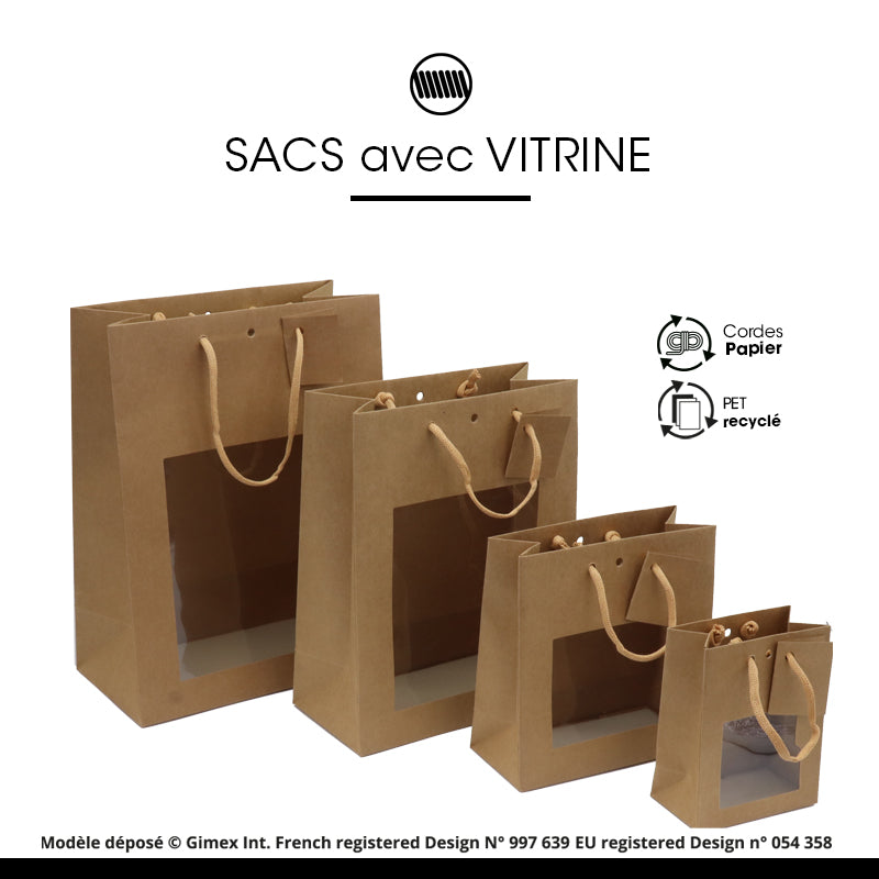 Sac luxe Middle Vertical à fenêtre | kraft brun | poignées papier | 22+11x28cm | par 168