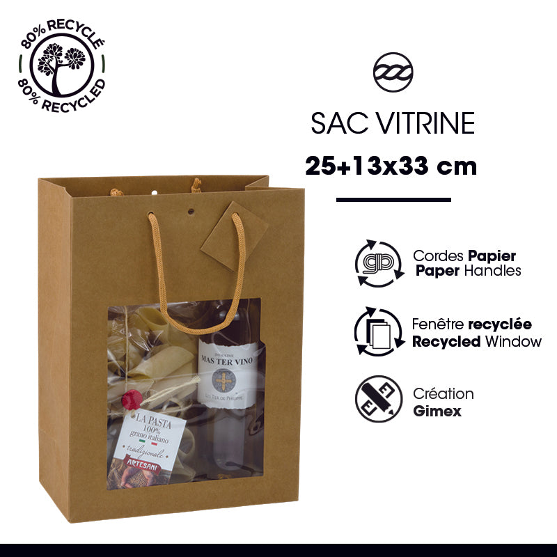Sac luxe Classic à fenêtre|kraft brun | poignées papier | 25+13x33cm | par 100