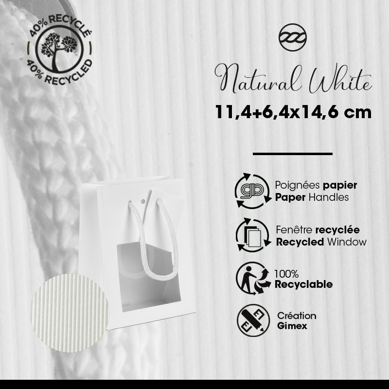 Sac luxe à fenêtre Natural White  | kraft blanc | poignées papier | 11,4+6,4x14,6cm | par 200