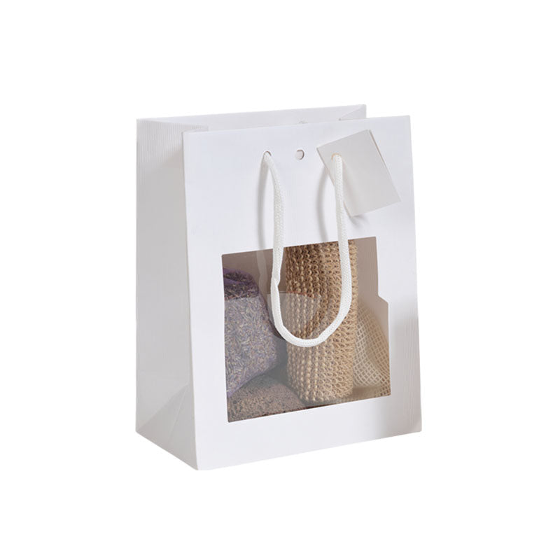 Sac luxe à fenêtre Natural White|kraft blanc|poignées papier| 18+10x22,7cm|par 200