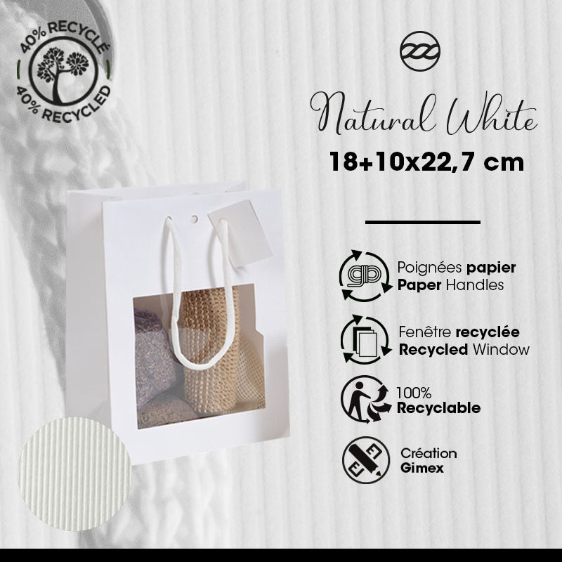 Sac luxe à fenêtre Natural White|kraft blanc|poignées papier| 18+10x22,7cm|par 200