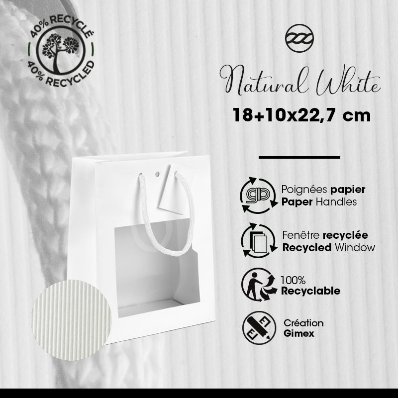 Sac luxe à fenêtre Natural White  | kraft blanc | poignées papier | 18+10x22,7cm | par 200