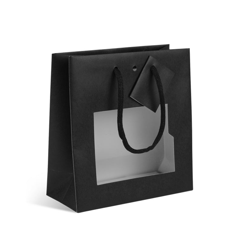 Sac luxe à fenêtre Natural Black  | kraft noir | poignées papier | 18+8x19cm | par 200
