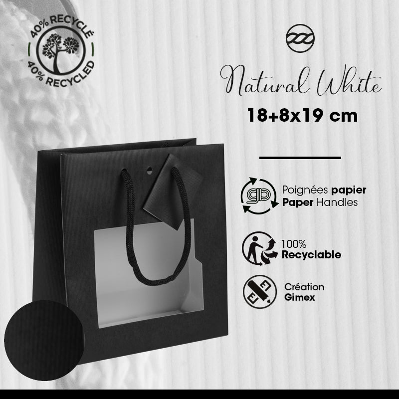 Sac luxe à fenêtre Natural Black  | kraft noir | poignées papier | 18+8x19cm | par 200