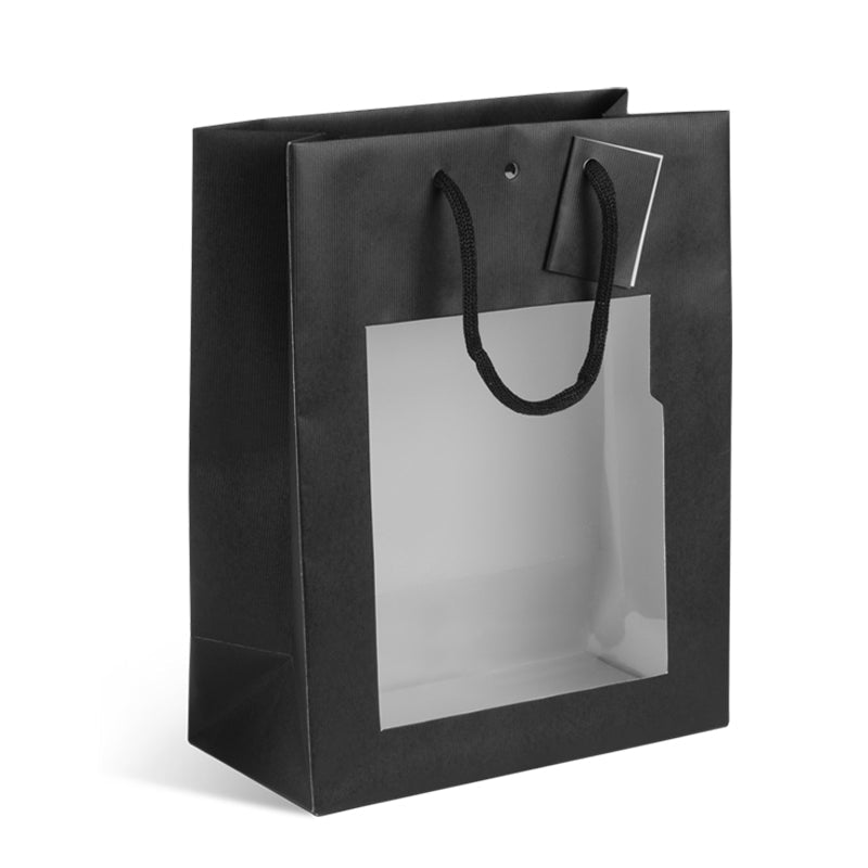 Sac luxe à fenêtre Natural Black  | kraft noir | poignées papier | 22+11x28cm | par 100