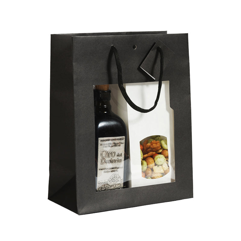 Luxury window bag Natural Black|black kraft|paper handles|22+11x28cm|per 100