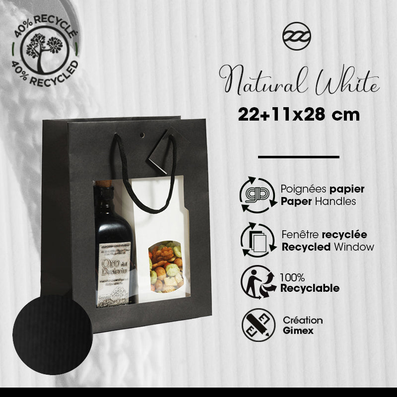 Sac luxe à fenêtre Natural Black|kraft noir|poignées papier|22+11x28cm|par 100