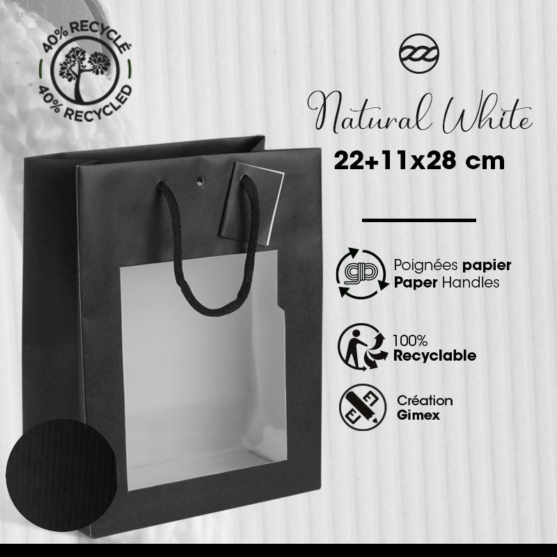 Sac luxe à fenêtre Natural Black  | kraft noir | poignées papier | 22+11x28cm | par 100