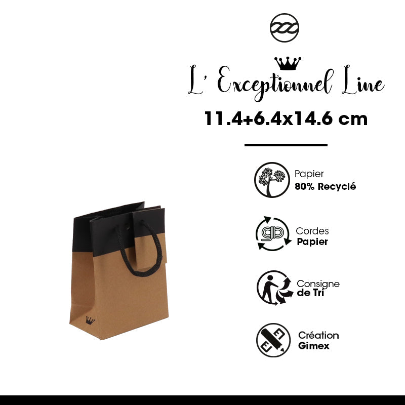 Sac luxe L'Exceptionnel Line  | kraft brun et noir | poignées papier | 11,4+6,4x14,6cm | par 300