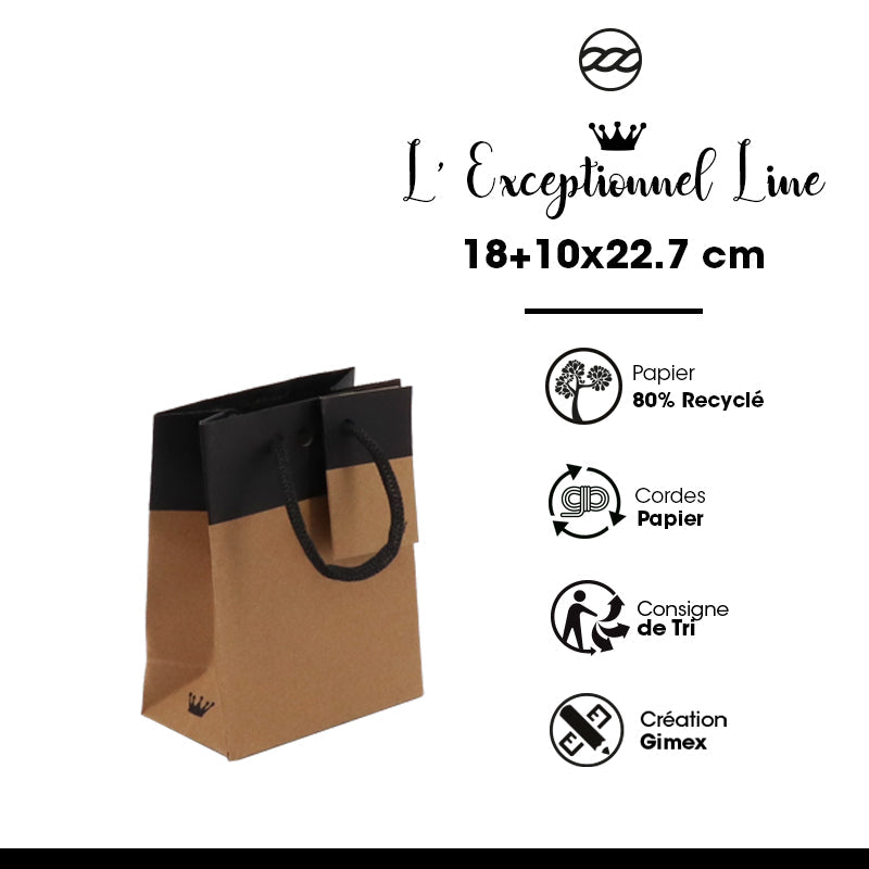 Sac luxe L'Exceptionnel Line  | kraft brun et noir | poignées papier | 18+10x22,7cm | par 250