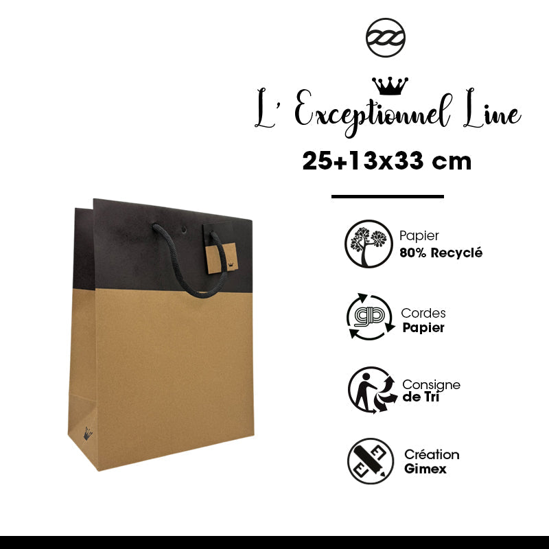 Sac luxe L'Exceptionnel Line  | kraft brun et noir | poignées papier | 25+13x33cm | par 150