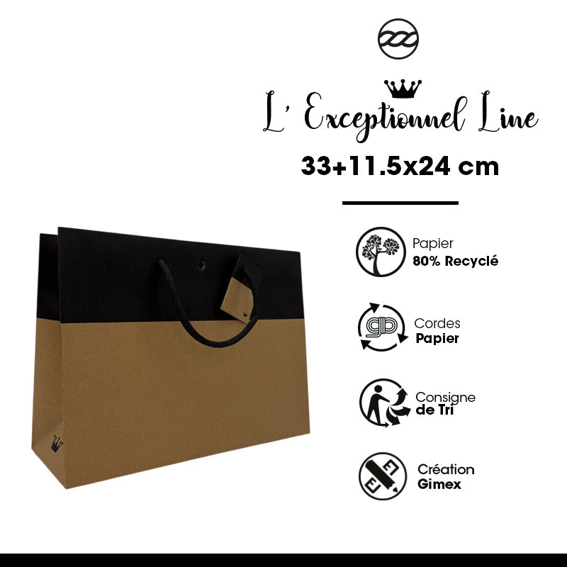Sac luxe L'Exceptionnel Line  | kraft brun et noir | poignées papier | 33+11,5x24cm | par 100