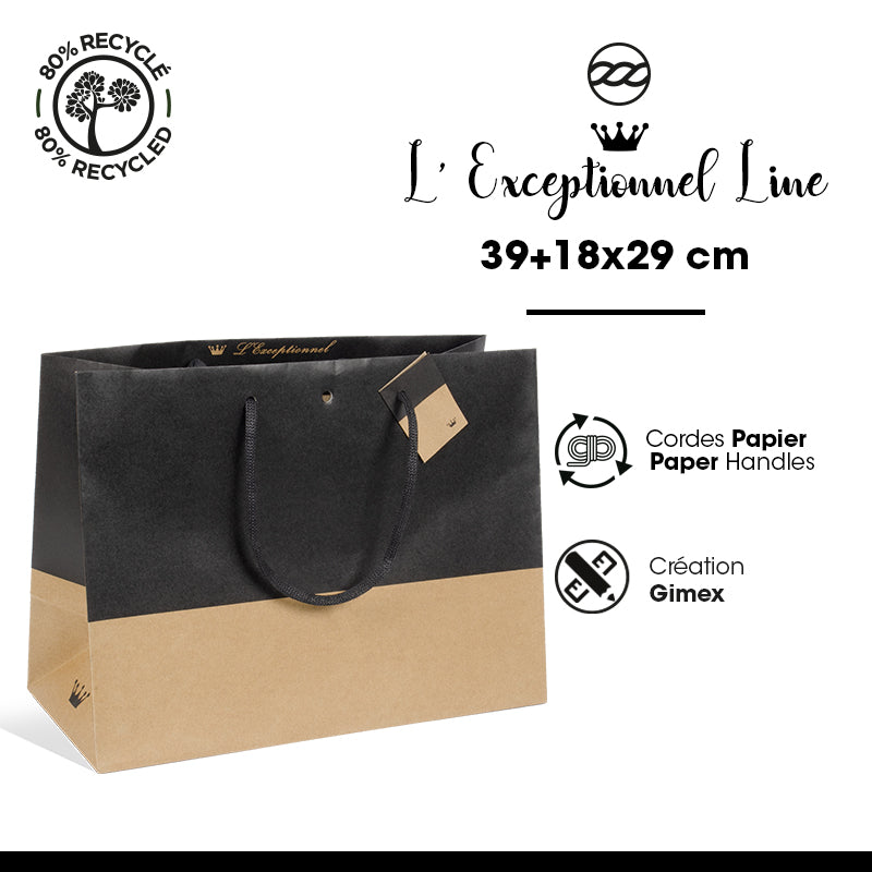 Sac luxe Line|kraft brun et noir|poignées papier|39+18x29cm|par 60