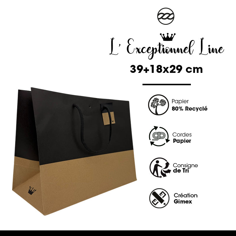 Sac luxe L'Exceptionnel Line  | kraft brun et noir | poignées papier | 39+18x29cm | par 60