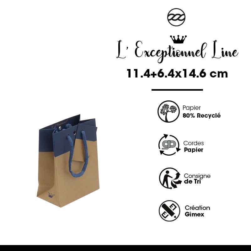 Sac luxe L'Exceptionnel Line  | kraft brun et bleu | poignées papier | 11,4+6,4x14,6cm | par 300