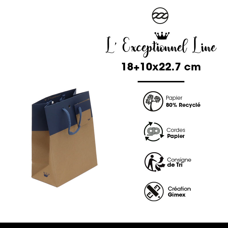 Sac luxe L'Exceptionnel Line  | kraft brun et bleu | poignées papier | 18+10x22,7cm | par 250