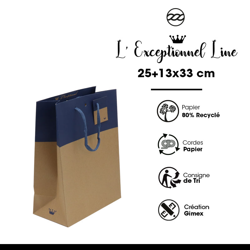 L'Exceptionnel Line luxury bag | brown and navy blue kraft | cord handles | 25+13x33cm by 150