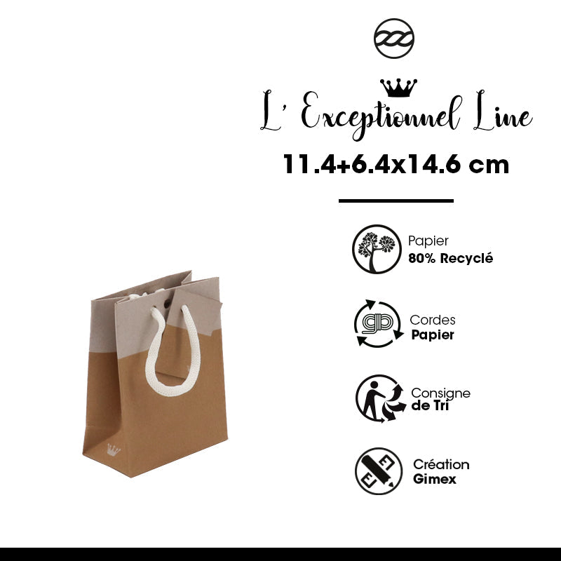 Sac luxe L'Exceptionnel Line  | kraft brun et blanc | poignées papier | 11,4+6,4x14,6cm | par 300