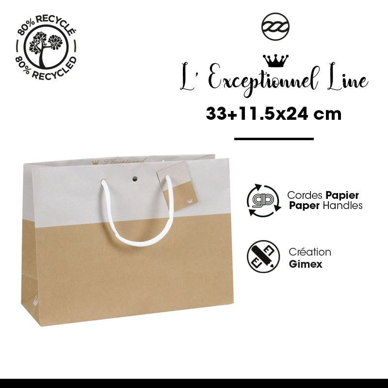 Sac luxe Line|kraft brun et blanc|poignées papier|33+11,5x24cm|par 100