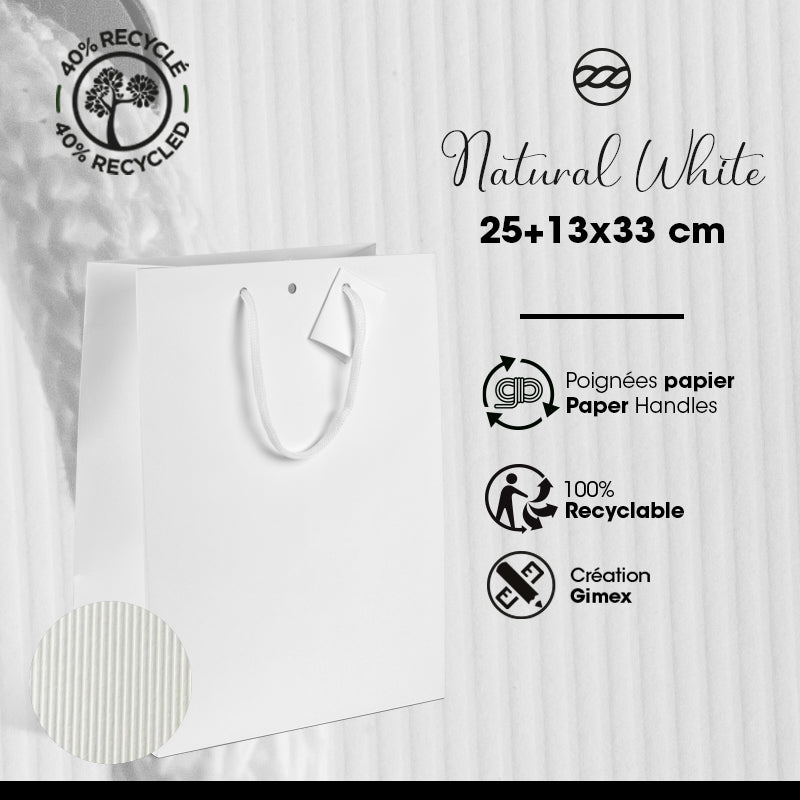 Sac luxe Natural White  | kraft blanc | poignées papier | 25+13x33cm | par 200