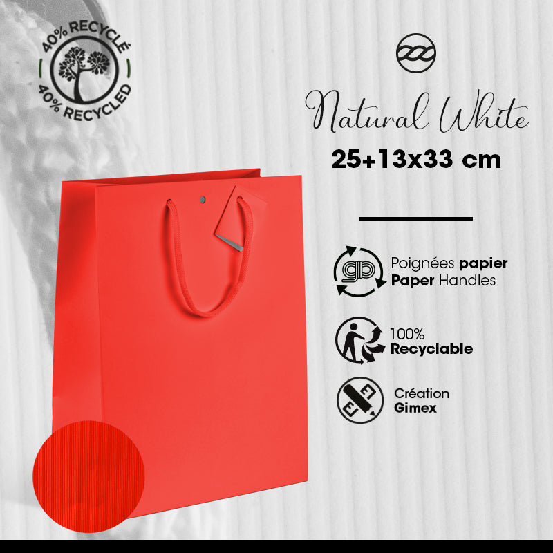 Luxury Natural Red kraft bag with handles | 25 paper | +13x33cm per 200