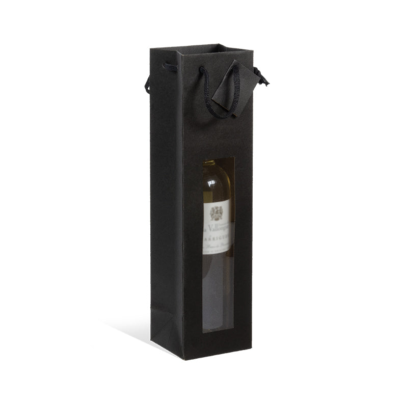 Sac 1 bouteille à fenêtre|kraft noir|poignées papier|10+9x38cm|par 200