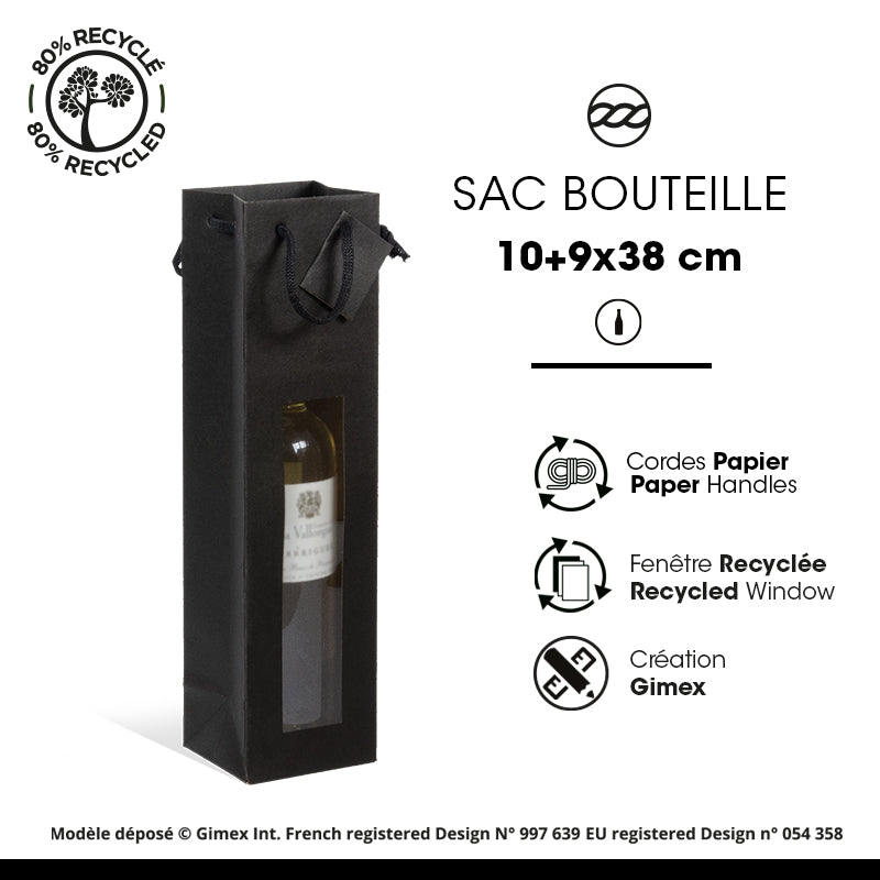 Sac 1 bouteille à fenêtre|kraft noir|poignées papier|10+9x38cm|par 200