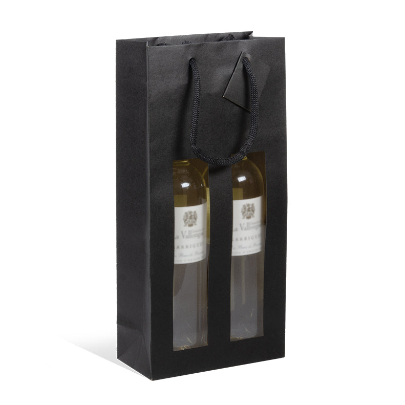 2-bottle window bag | black kraft | paper handles | 18+9x38cm | 100 per pack