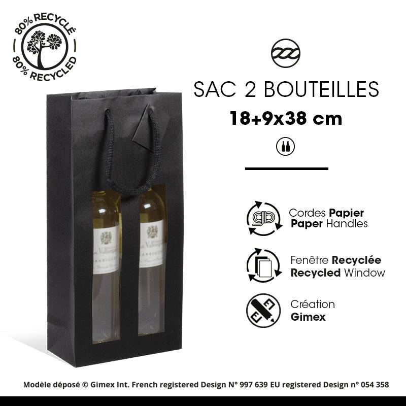 2-bottle window bag | black kraft | paper handles | 18+9x38cm | 100 per pack