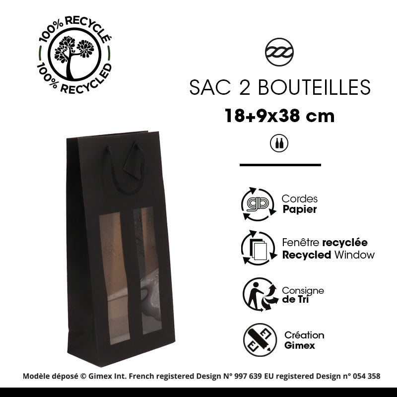 Sac 2 bouteilles à fenêtre|kraft noir|poignées papier|18+9x38cm|par 100